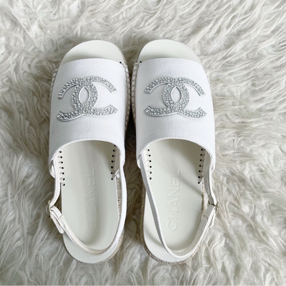Chanel 24S Interlocking CC Logo Espadrille Slingback White Canvas Rhinestone 38 - Picture 4 of 13